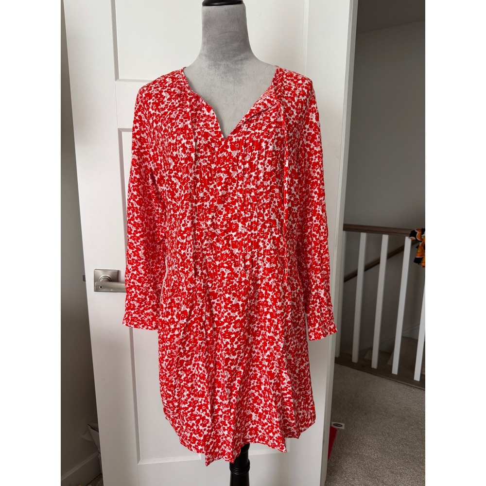 Old Navy Cottagecore Womens Red White Floral Tie Long Sleeve Shift Dress